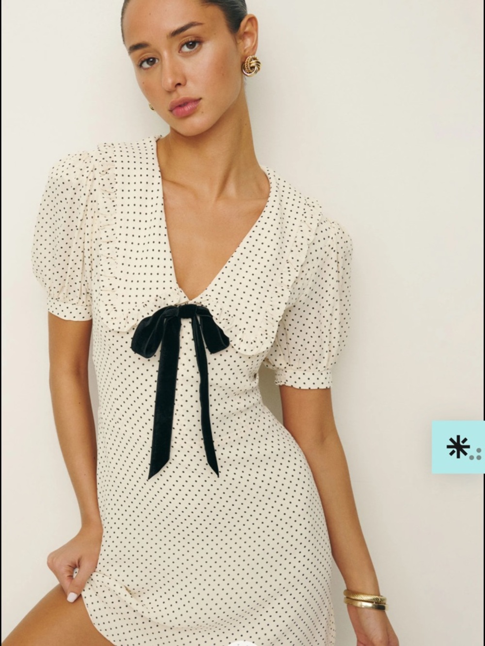 Reformation Cream Polka Dot Mini Dress with Black Velvet Bow
